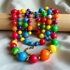 Obraz premium Gold Beaded Necklace in Vibrant Colors for Vaporwave Aesthetic, Copy Space