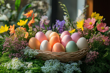 A basket of eggs is surrounded by a colorful flower arrangement Generative Ai.