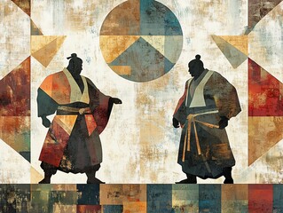 Abstract depiction of two sumo wrestlers preparing for a match
