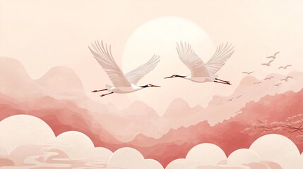 Fototapeta premium Elegant cranes flying in serene landscape with soft pastel colors