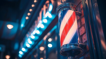 A vintage barber pole illuminated in a stylish barbershop setting.