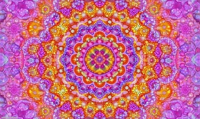 Fototapeta premium Vibrant pink, orange, gold kaleidoscope pattern.