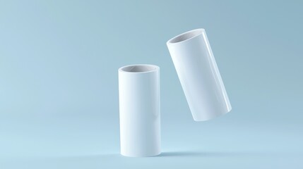 Glossy white paper tubes gently floating in the air, set against a soft blue backdrop with minimal lighting.