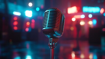 A vintage microphone stands in a colorful, illuminated setting.