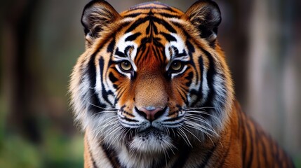 Naklejka premium A close-up portrait of a tiger showcasing its striking features and vibrant fur patterns.