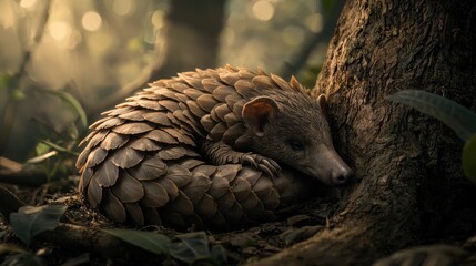 Obraz premium Pangolin curled up sleeping at tree base in forest.