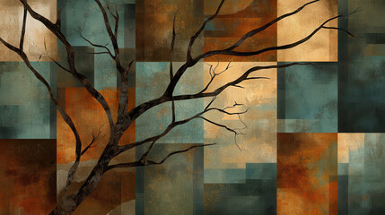 An artistic composition of rectangular blocks arranged in a dynamic pattern, burnt sienna and dusty teal tones dominating the palette, intricate shadow overlays from stylized branches
