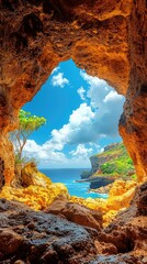 A scenic view of the ocean through a rocky cave, showcasing vibrant colors and nature.