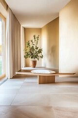 Modern interior design showcasing minimalist furniture and natural elements in a warm space