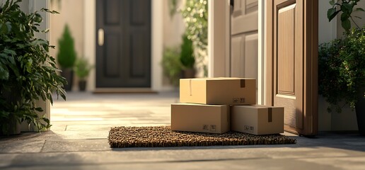 A welcoming entrance with stacked boxes on a doormat.