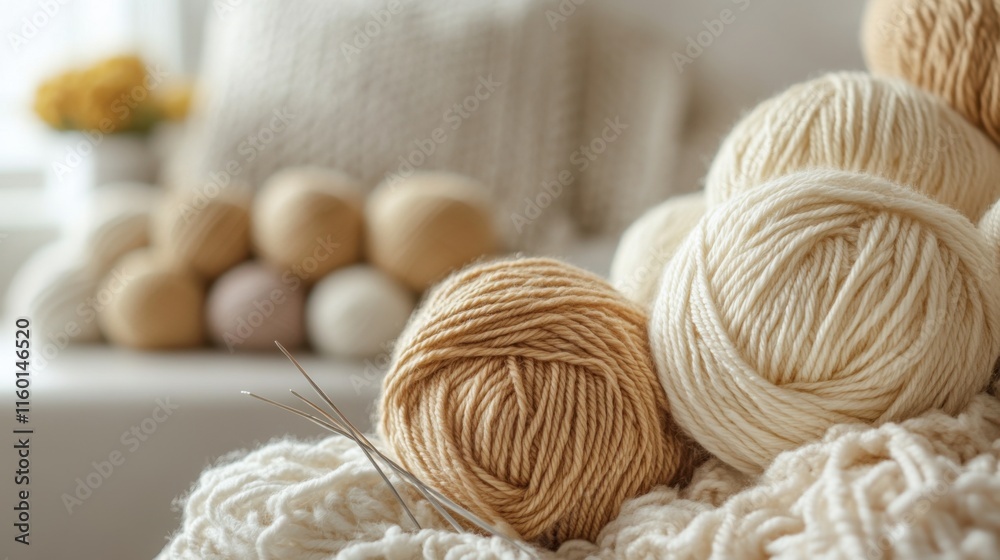 Poster a cozy knitting workshop with yarn and needles, knitting patterns displayed neatly, handcrafted styl