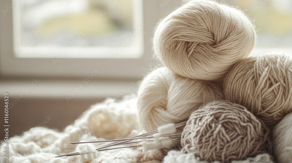 Poster a cozy knitting workshop with yarn and needles, knitting patterns displayed neatly, handcrafted styl