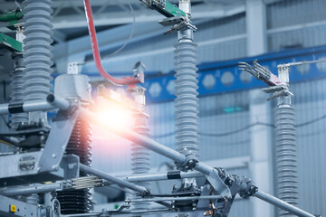 Electrical short circuit on power substation. High voltage breaker with ceramic insulator