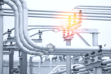 Electrical short circuit on power substation. High voltage breaker with ceramic insulator