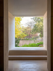 Natural light streams through a modern architectural opening revealing a lush garden outside