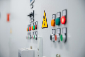 Closeup control panel with light lamp of switchboard equipment high voltage of power plant