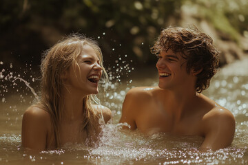 Obraz premium A man and a woman are in the water, smiling and laughing Generative Ai.