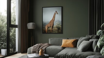 A serene living room featuring a giraffe artwork on a green wall.