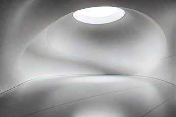 Minimalistic interior design, curved abstract walls, circular skylight, smooth white texture, soft light. Concept of modern architecture. Ai generative