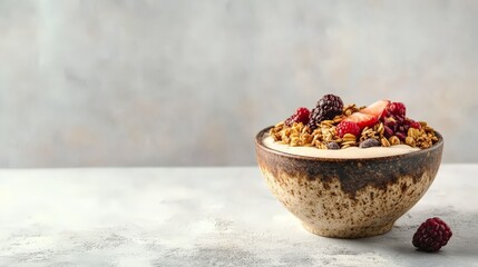 Delicious granola and berry topped yogurt bowl on rustic surface