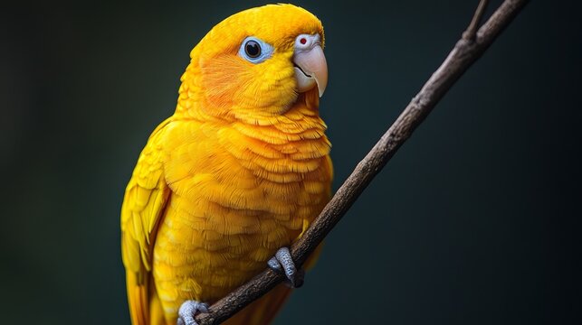 A vibrant yellow parrot perched on a branch, showcasing its colorful plumage and features.