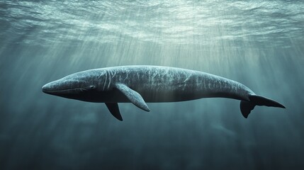 Naklejka premium A majestic whale swims gracefully in deep ocean waters, illuminated by soft light.
