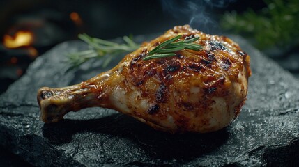 Grilled chicken leg with rosemary on dark stone. (7)