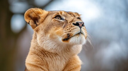 Obraz premium A close-up of a lioness gazing upward with a serene expression.