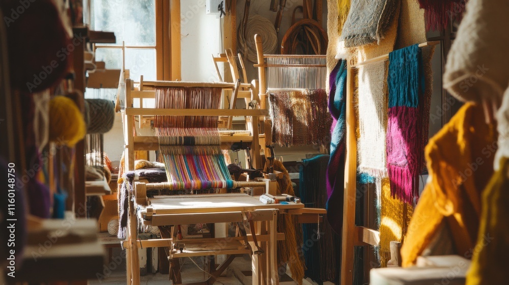 Poster a cozy textile art studio with weaving tools and colorful yarns, textile tools arranged in a weaving