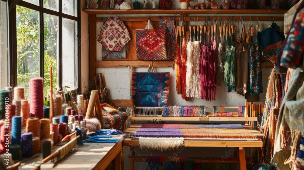 Poster a cozy textile art studio with weaving tools and colorful yarns, weaving tools arranged in a textile