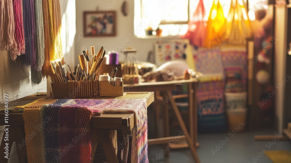 Poster a cozy textile art studio with weaving tools and colorful yarns, weaving tools arranged in a textile