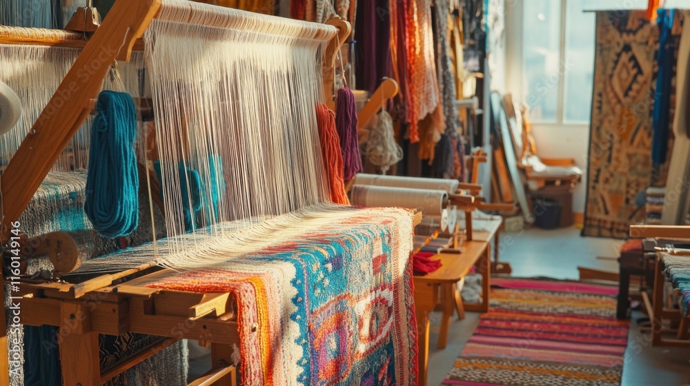Poster a cozy textile weaving studio with looms and colorful yarns, weaving tools arranged in a textile stu