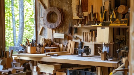 A cozy woodworking studio with woodworking tools and recycled wood, Workshop tools arranged in an eco-friendly studio, Sustainable workshop style