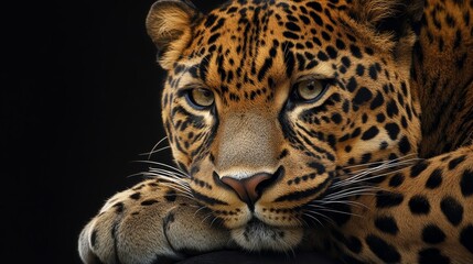 Naklejka premium A close-up of a resting leopard showcasing its distinctive fur and intense gaze.