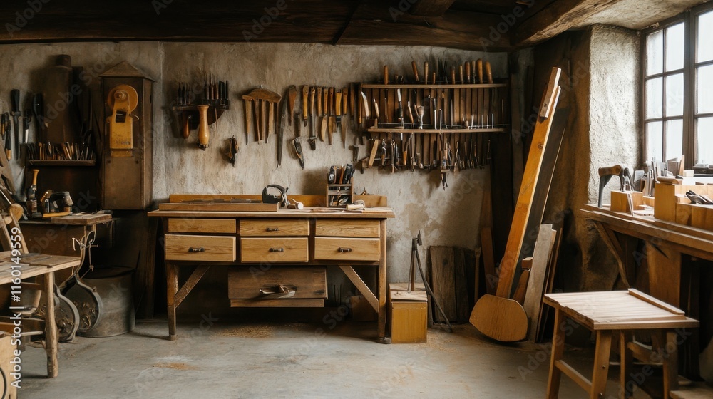 Poster a cozy woodworking workshop with woodworking tools and reclaimed wood, woodworking tools arranged in
