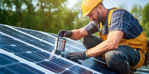 A worker is cleaning solar panels on a rooftop, wearing a hard hat and gloves, ensuring optimal performance under bright sunlight.