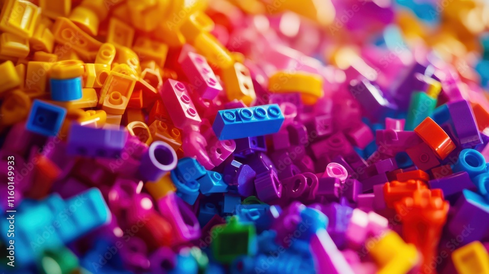 Poster a creative block-building session with colorful plastic bricks, imagination brought to life with int