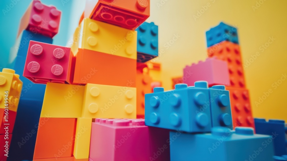 Aufkleber A creative block-building session with colorful plastic bricks, Imagination brought to life with intricate structures, Contemporary artistic style