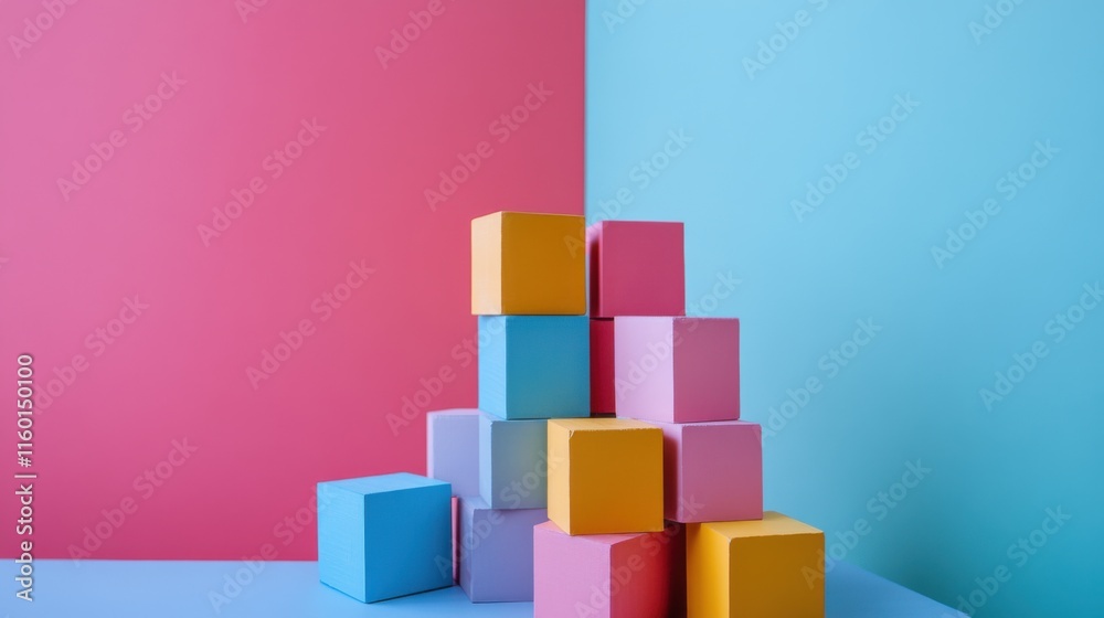 Poster A creative building blocks arrangement in a minimalist studio, Blocks arranged in abstract patterns, Contemporary artistic style