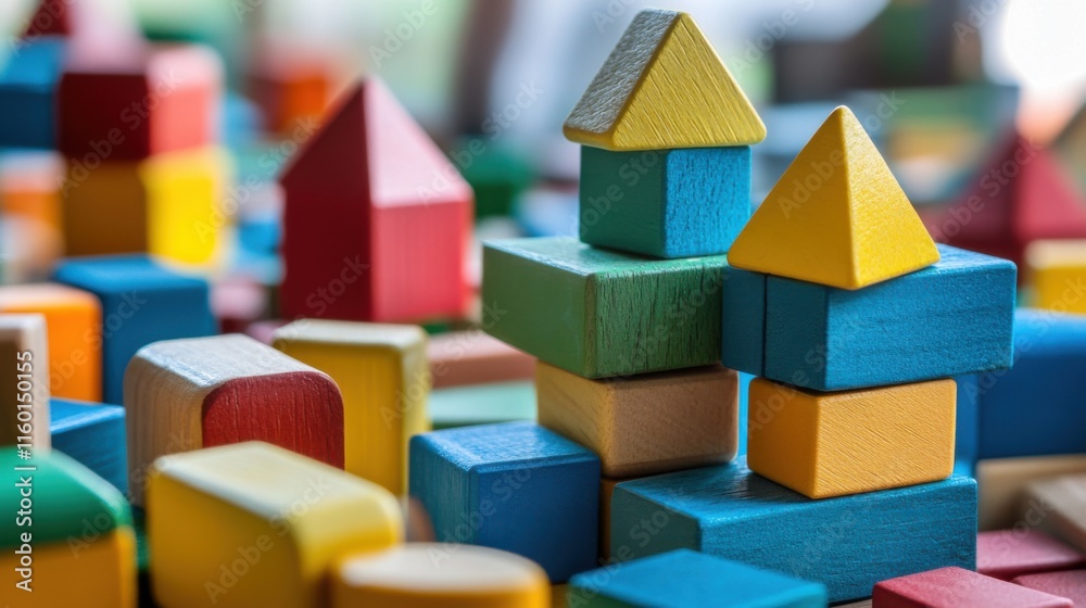 Aufkleber a creative construction site with colorful building blocks, blocks arranged in imaginative structure