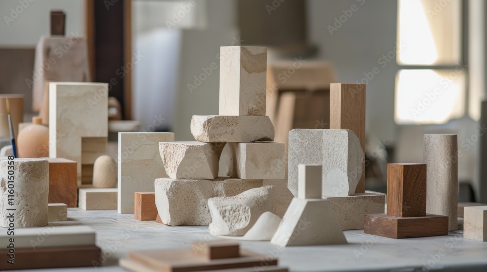 Poster a creative workshop with artists crafting abstract sculptures from blocks, blocks arranged for artis