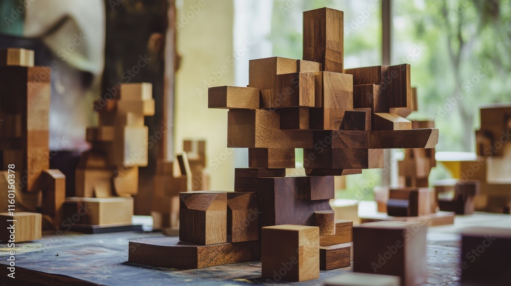 Poster a creative workshop with artists crafting abstract sculptures from blocks, blocks arranged for artis