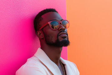A man wearing sunglasses and a white shirt is leaning against a pink wall Generative Ai.