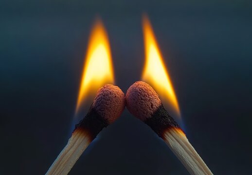 Two lit matches facing each other, with the flames of one match illuminating and reflecting on the other match. The lighting is dramatic and focused on their faces.