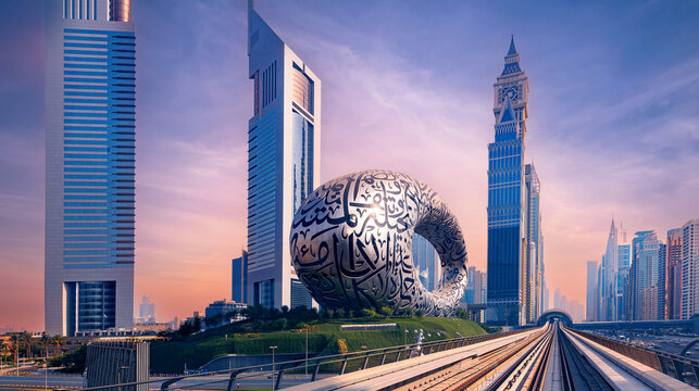 Dubai, United Arab Emirates. Sunset cityscape with skyscrapers and tourist landmark of UAE