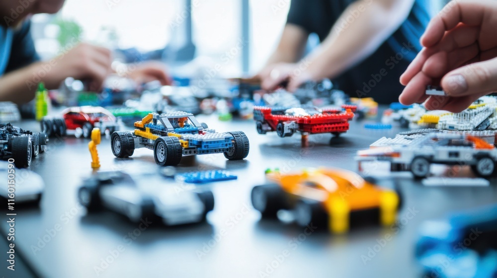 Poster A creative workshop with engineers constructing prototype vehicles using modular blocks, Blocks arranged for vehicle design, Automotive innovation style