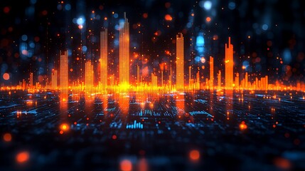 Fototapeta premium Digital Cityscape Illuminated With Vivid Orange And Blue Lights