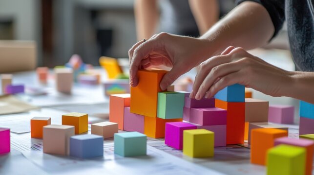 A creative workshop with designers building interactive art installations from blocks, Blocks arranged for artistic installations, Interactive art style