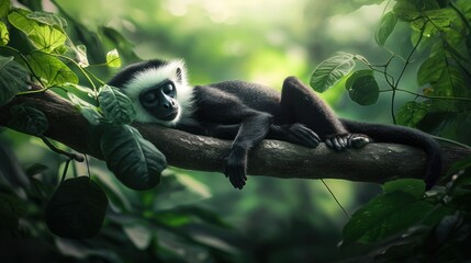 Fototapeta premium A black-and-white monkey rests peacefully on a tree branch in a lush green forest.