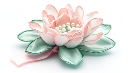 Delicate pink and green silk lotus flower with pearls.